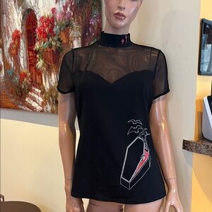Goth Vampire bite Black Sheer Top with Coffin & Bat universal monsters